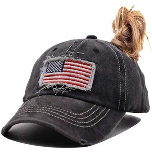 Women American Flag Ponytail Hat, Embroidery Adjustable Washed Distressed Messy